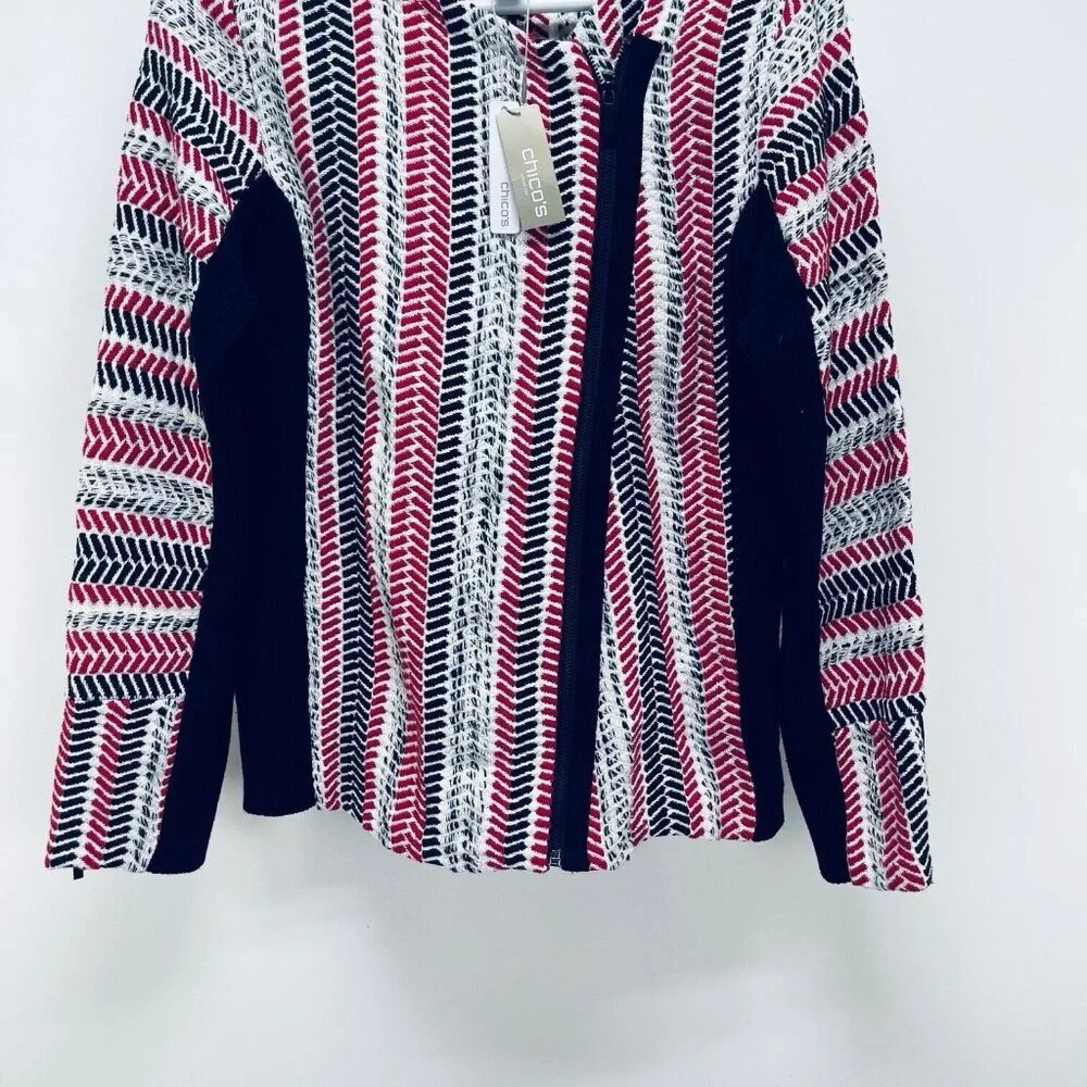 Chico’s Sweater Moto Jacket Size 1 Women’s Red White Black Pullover New - Picture 9 of 16